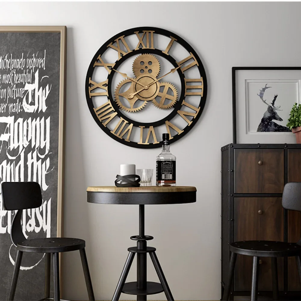 Gear Large Wall Clock Modern Design Clocks Quartz Time Mute Watch Wooden Decor 3D Vintage Horloge