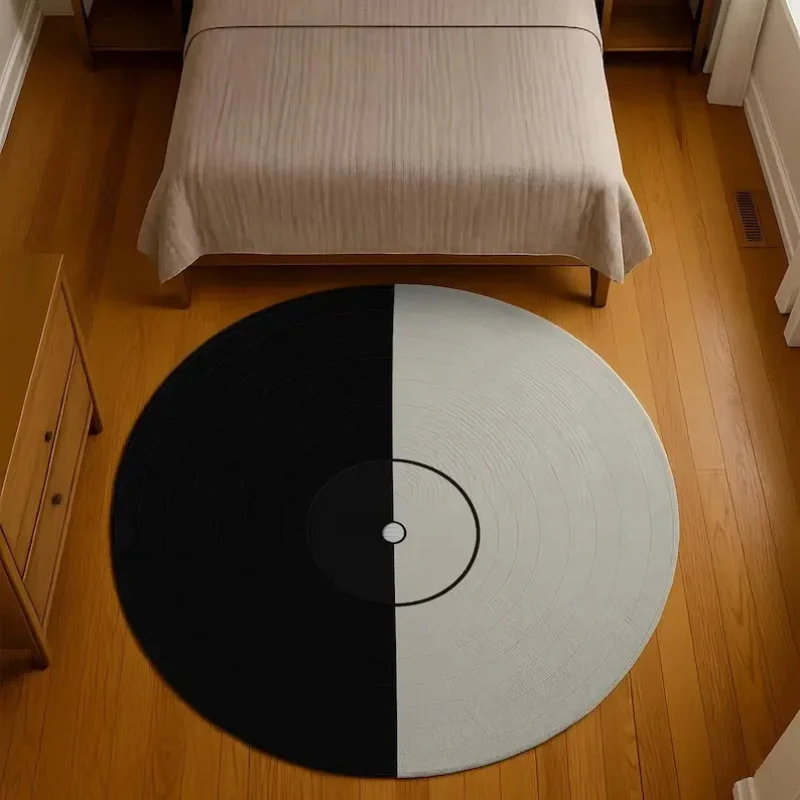 VIKAMA Music Themed Round Rug Vinyl Record Design Black White Soft Non Slip Carpet For Home Room Aesthetic Decor