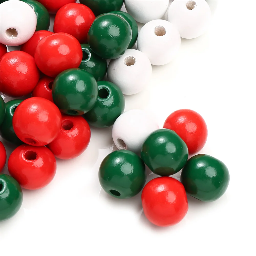 16mm 20Pcs Christmas Wooden Round Beads Red Green White for DIY Garland Ornament Wreath Home Decor Jewelry Making Craft Supplies