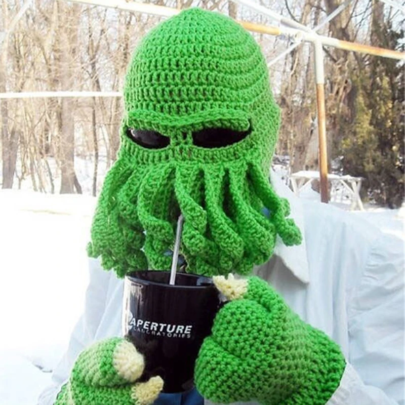 Novelty Handmade Funny Tentacle Octopus Hat Crochet Cthulhu Beard Beanie Men\'s Women\'s Knit Wind Mask Cap Halloween Animal Gift