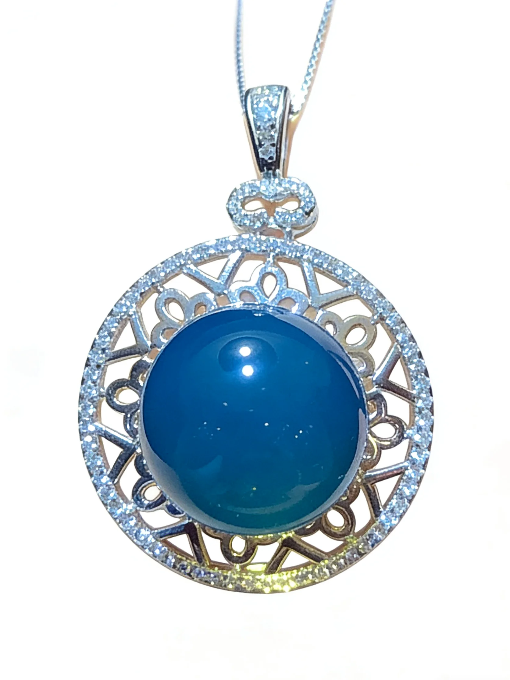 

Natural Mexican Blue Amber Pendant 14mm Solid Silver Vintage Filigree Openwork Floral Design Handmade Jewelry Gift for Women