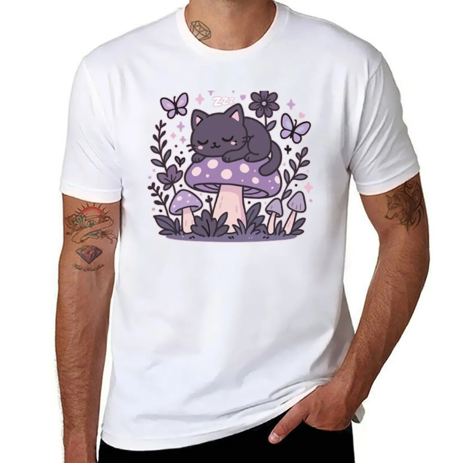 

Kawaii Sleeping Cat in Mushroom Garden T-Shirt t shirts for man cotton soft anime tshirt T-Shirt