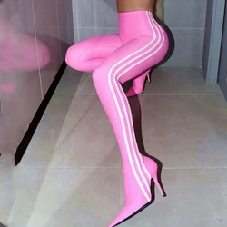 Skintight Stretch Wide Leg Fit Women's Pants Boots Thigh High Custom Long Booties 3 White Stripes Stiletto Heels Shoes