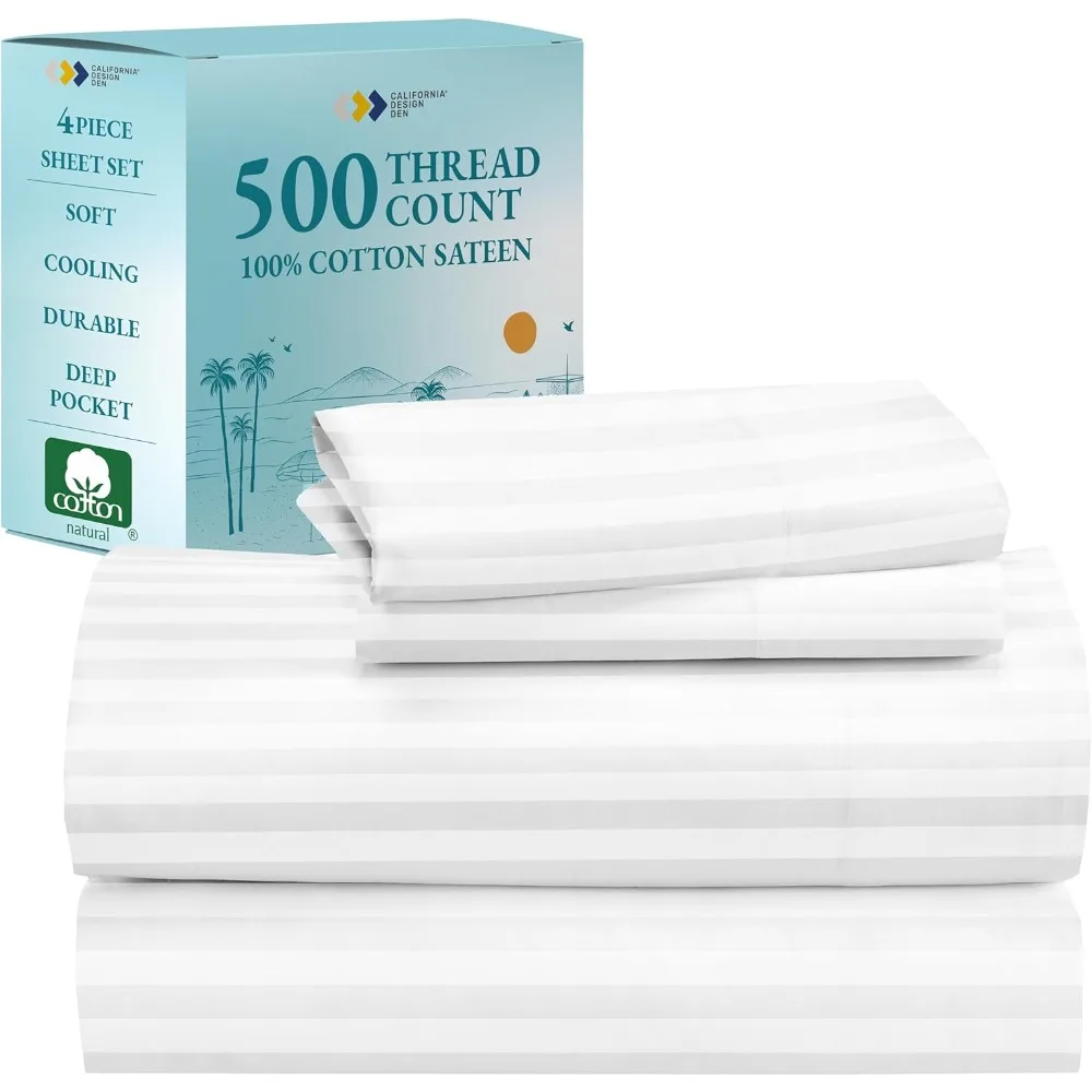 

4 Piece Full Size Sheet Set - 100% Cotton 500 Thread Count, Cooling Deep Pocket Bed Sheets with Fitted Elastic Sheet, Extra Sof