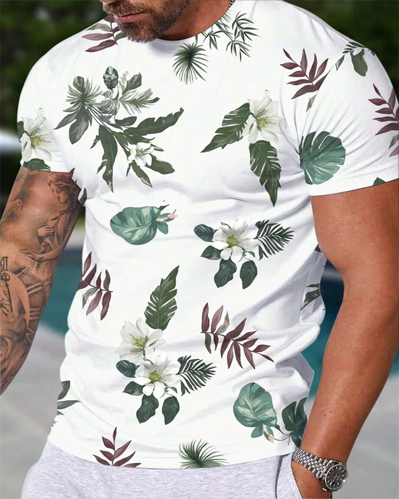 Men's Short Sleeve Tee Summer Tropical Plant Printed Round Neck Short Sleeve Casual Holiday T Shirt Big Size Men's Clothing