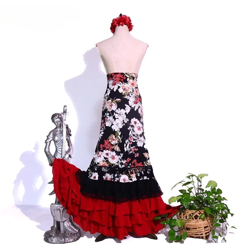 Abito da spettacolo per costumi di danza del ventre con gonna di danza dell'anca con borsa da rimbalzo alta personalizzata di flamenco stampato