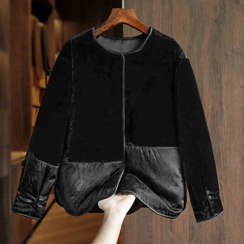 New Chinese Style O-Neck Jacquard Silk+ Velvet Cotton Coat for Women 2024 New Autumn Winter Hidden Buckle Jacket S-XL