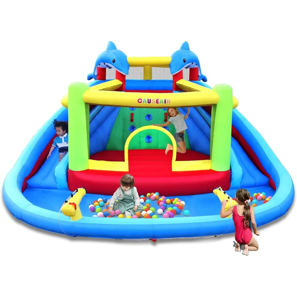 Inflatable Bounce House with Double Slide,Dolphin Styling,Splashing Pool,Double Water Cannon, Inflatable Water Park Slide