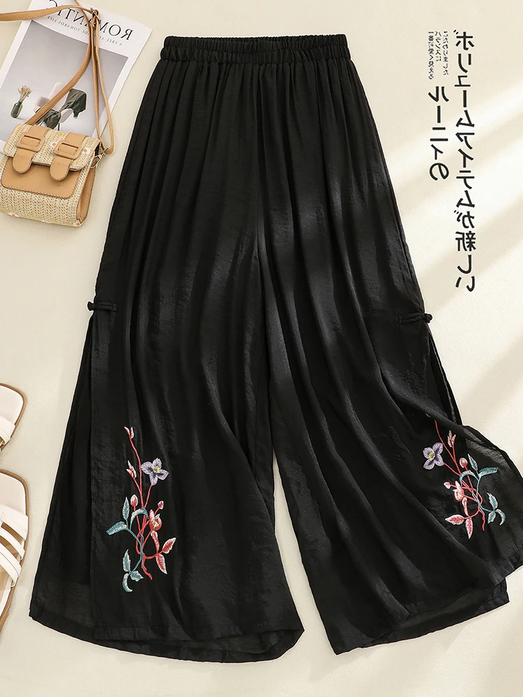 Pantaloni a gamba larga ricamati Ele Pantaloni casual a taglio dritto a vita alta per donna taglie forti Stagione estiva Fibra di poliestere