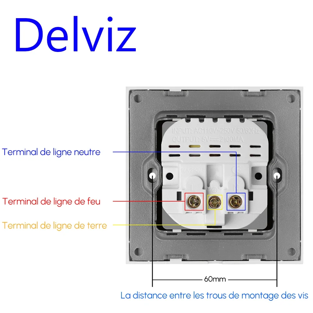 Delviz With usb French standard Outlet,16A Power Socket for France,White PC Panel, 1A1C 5V Charging Jack, Type C USB Wall Socket image 3