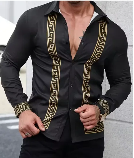 New Men's Casual Shirt Golden Striped Printed Shirt Fashion Elegant Beach Party Dress Temperament Streetwear Lapel Men's Tops