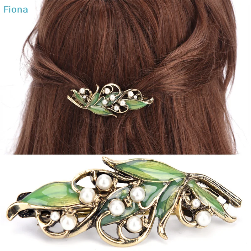 ⛟Enamel Lily of the Valley Hair Barrette,Retro Green Leaf Pearl Hair Clip for Women Elegant Hair Accessories