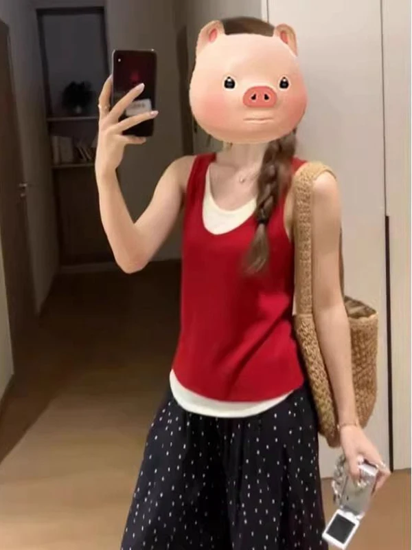 빨간색 섹시 니트 조끼 여성용 아우터웨어 슬림 라운드 넥 여름 아름다운 탑 이너 매치 캐주얼 루즈핏