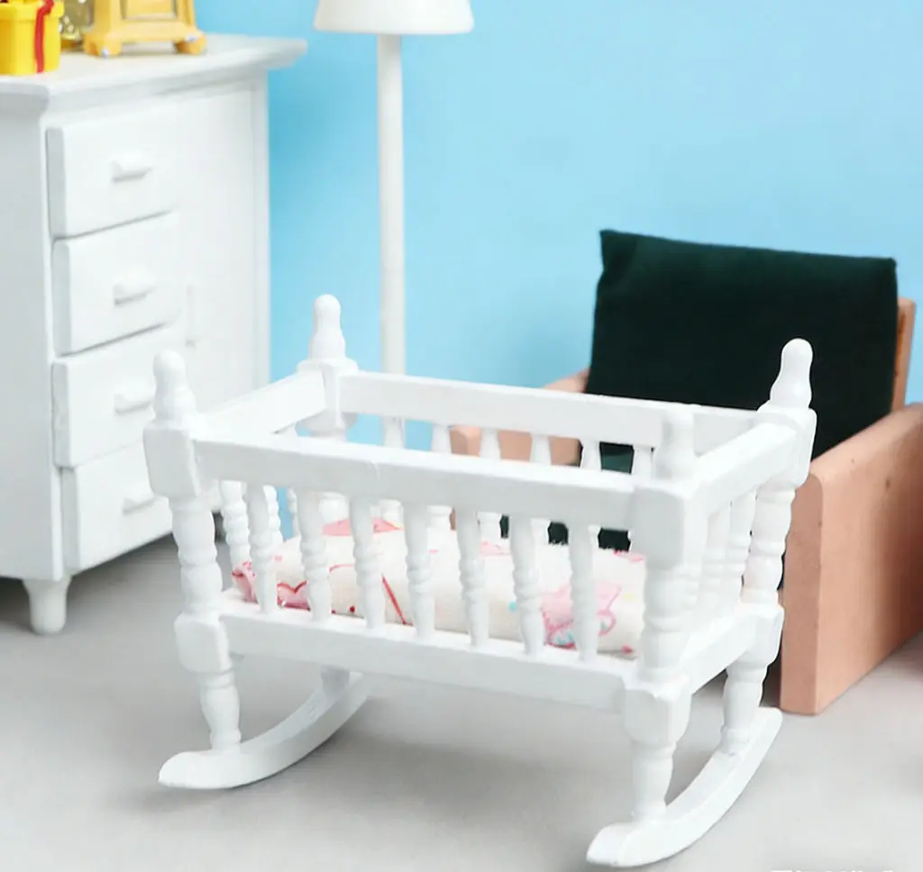 1:12 인형집 미니어처 화이트 우드 아기 요람 - 현실적인 흔들 요람, 인형집용 미니어처 가구 모델