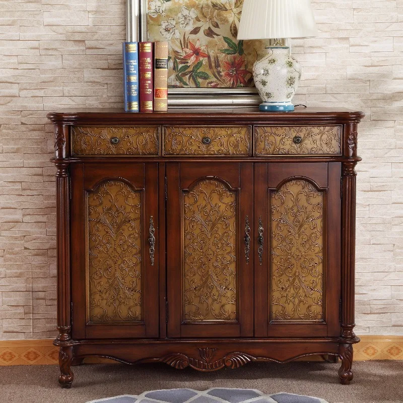 American, European and American solid wood shoe cabinets, gold-embossed classical walnut-colored entrance cabinets, three bucket