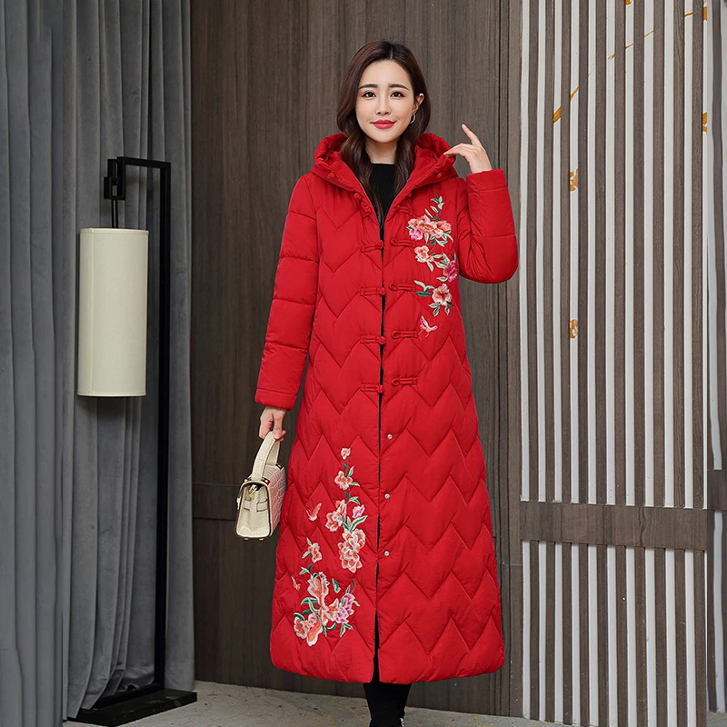 

Retro Ethnic Sle Embroidered Button down Cotton down Jaet Women's Mid-Length Mom Coat Knee-Length Cotton Outerwear
