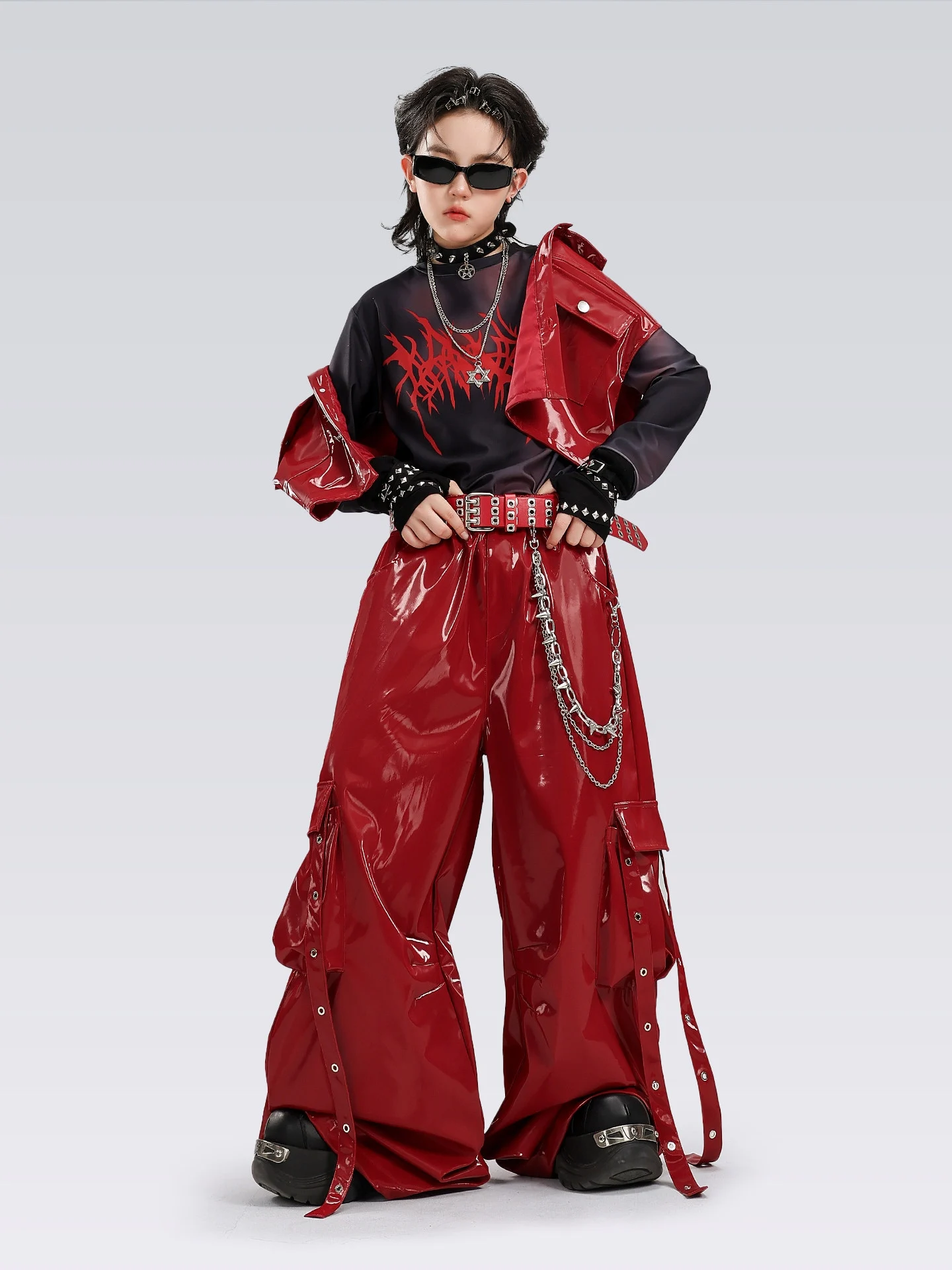 2026 Boys Hip Hop Dance Costume Red Leather Vest Cargo Pants Kids Jazz Performance Clothes Runway Concert Stage Clothing BL20309