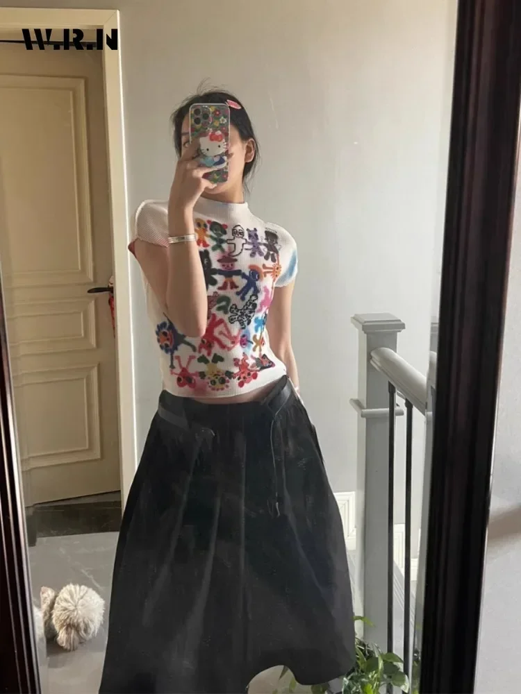 2024 Summer Women Coquette Punk Style Sheath Short Sleeve Skinny T-shirt Sexy Casual Hotsweet Slim Fit Print Club Tees Top
