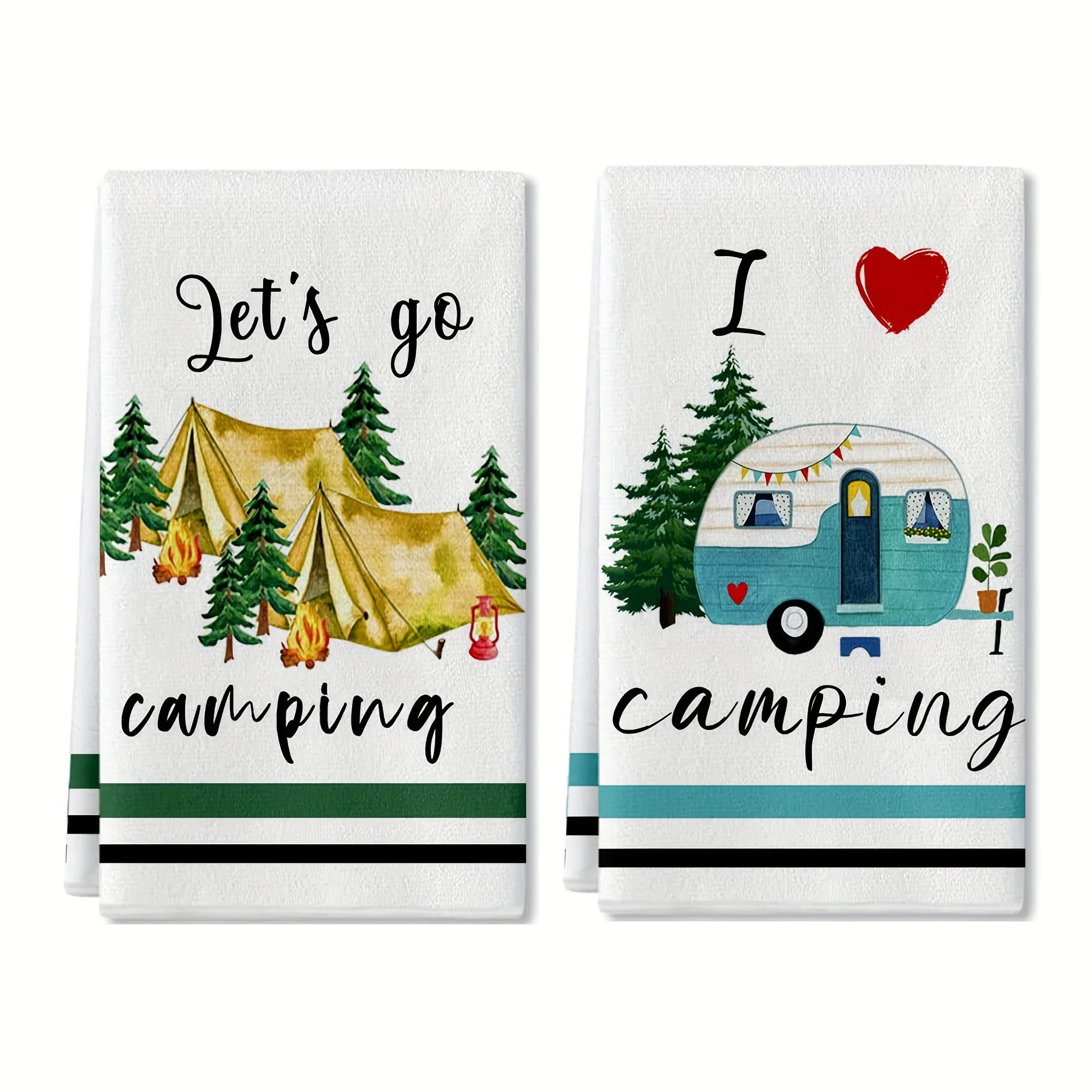 2pcs, Hand Towels, Camping Theme Kitchen Towels, Decorative Happy Campers Camping Tent Pine Tree Pattern Scouring Pad, Farmhouse