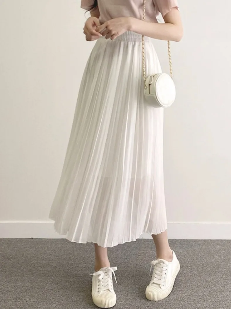 

Ele High Waist Midi Skirt for Women in Chiffon A-Line Pleated Slimming Sle Korean Commute Long Skirt Summer Faion