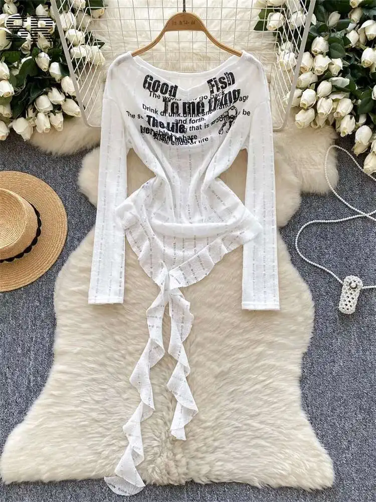 BabYoung jesień amerykańskie topy w stylu retro damskie bluzki z długim rękawem szczupła nieregularna odzież uliczna gorąca zgrywanie moda list T-Shirt z nadrukiem