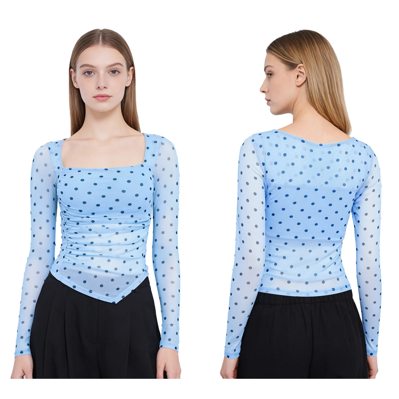 Women Gym Workout Sports Tops Yoga Clothing Dots Mesh Top Square-Neck Long Sleeve Asymmetrical Hem Ruched Tops with Built-in Bra
