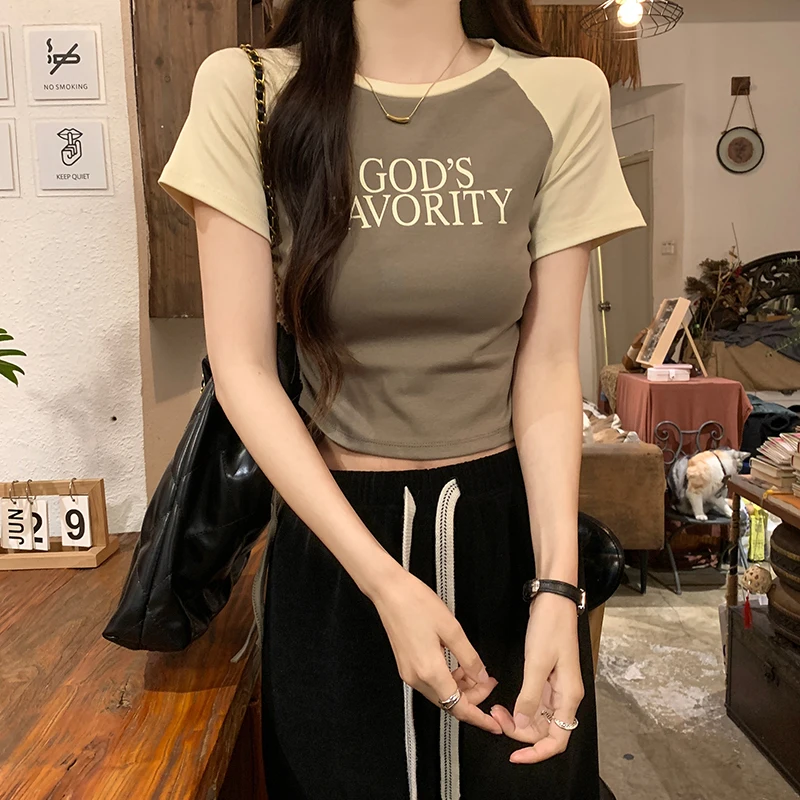 

Summer Fashion Short Sleeve T-shirt Drawstring New Ins Slim Fit Babes Niche Crop Top Design Y2k Top