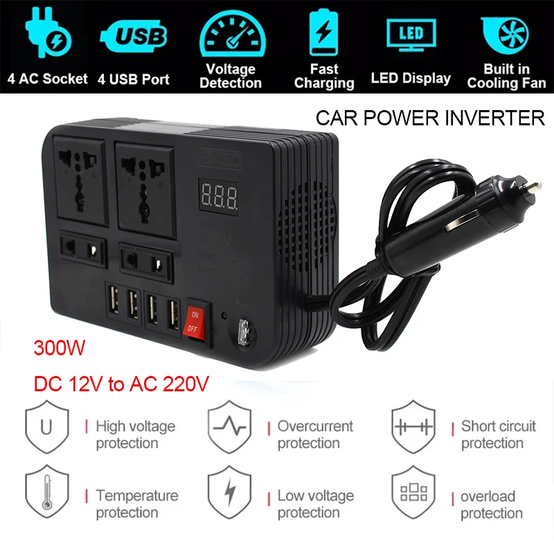 

300W Car Power Inverter DC12V to AC220V Car Charger Converter 4 USB Ports Fast Charging Sine Wave Inverter Universal Socket