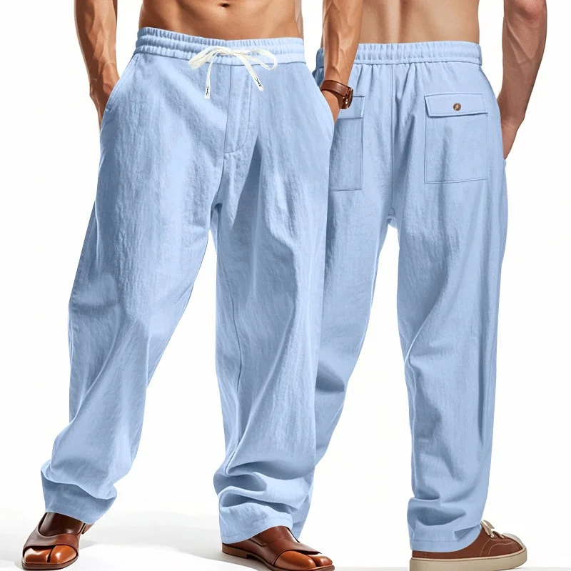 

new high quality linen men's casual pants summer thin simple high street wide-leg pants men's Breathable Straight Men sweatpants