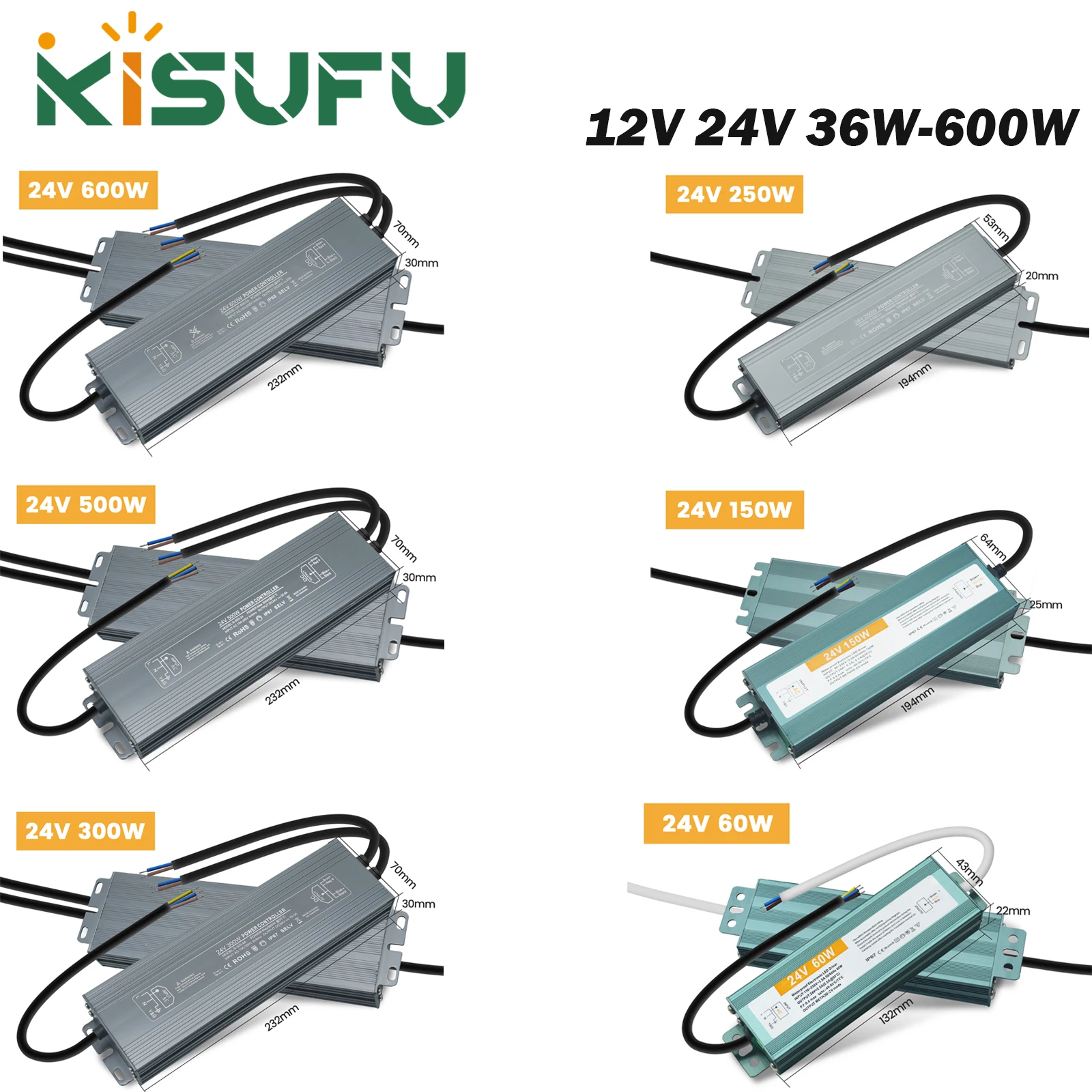 

2/1Pcs Outdoor LED Power Supply AC110V-250V To DC12V 24V IP67 Waterproof LED Driver Lighting Transformer 36W 200W 300W 500W 600W