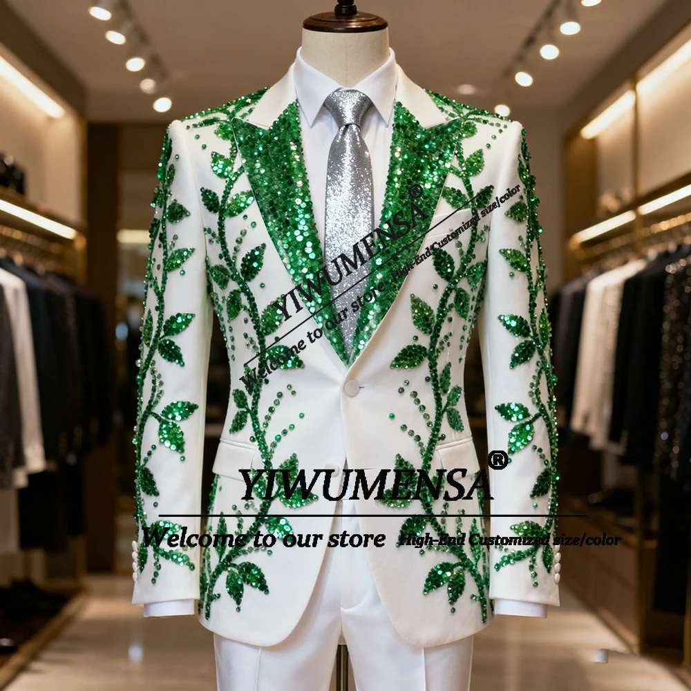 Brilliant Beaded Crystals Groom Wedding Tuxedos 2 Piece Set Sequined Lapel Prom Blazers Customized Man Banquet Party Suit Outfit