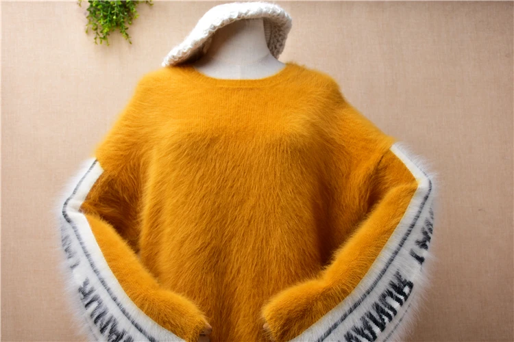 04 Female Women Fall Winter Clothing Yellow Hairy Mink Cashmere Knitted Long Flare Sleeves O-Neck Loose Pullover Sweater Jumper