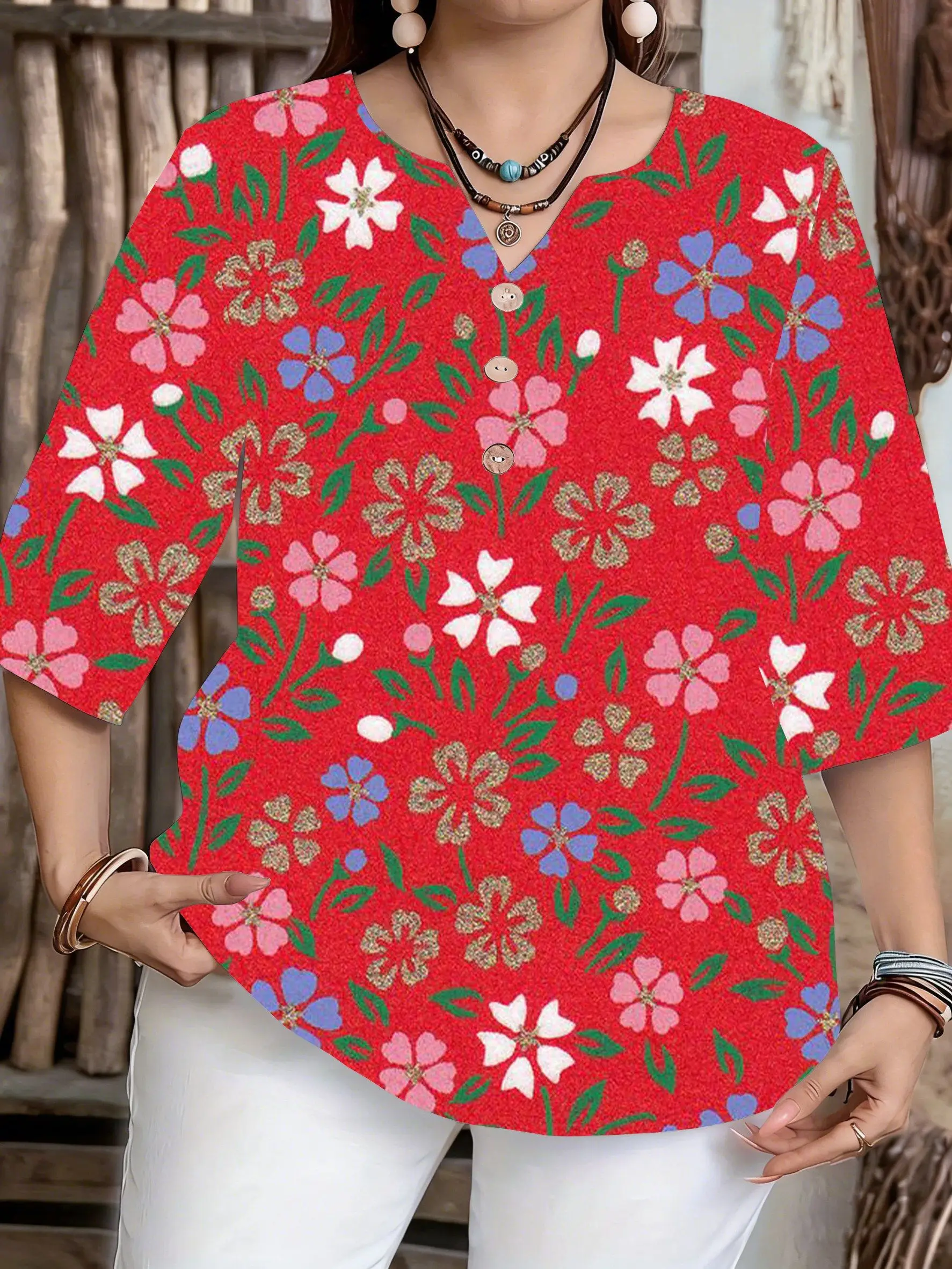 Women Multi Style Floral Print Blouse Notch V Neck 3/4 Sleeve Button Loose Casual  Art Flower Daily Wear Top