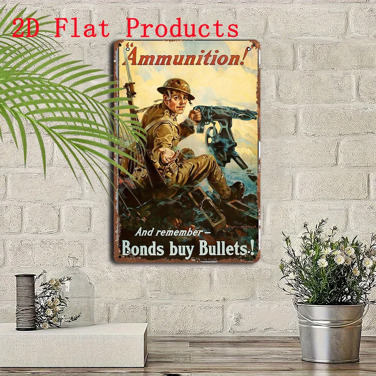 Vintage WWI Ammunition Metal Tin Sign - , Detailed Soldier with MMachine Gun, Rustic Wall Art Decor for Military Enthusiasts, V