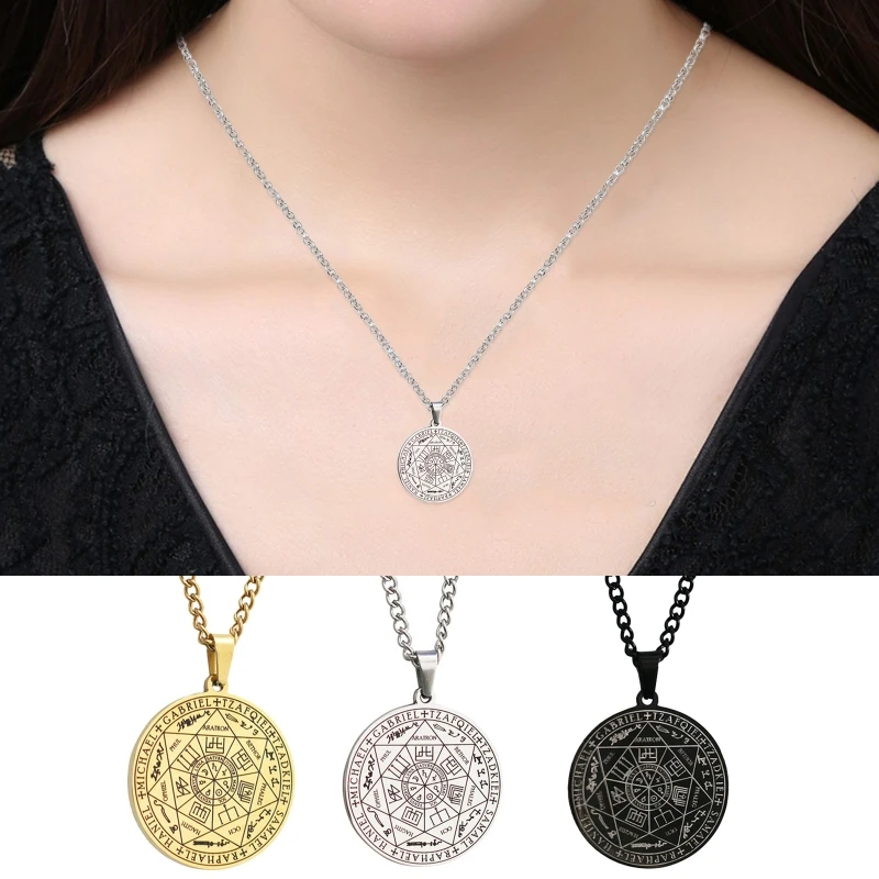 Silver Stainless Steel Necklace Seals of The Seven Archangels Pendant Choker Statement Dress Acces for Men Women