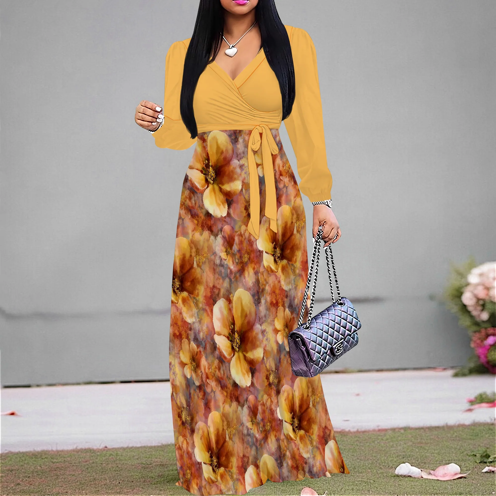

Nupusa Yellow Orange Floral Print Two - Tone Dress for Women Regular Size Summer Casual V Neck Long Sleeve Belted Maxi Dress