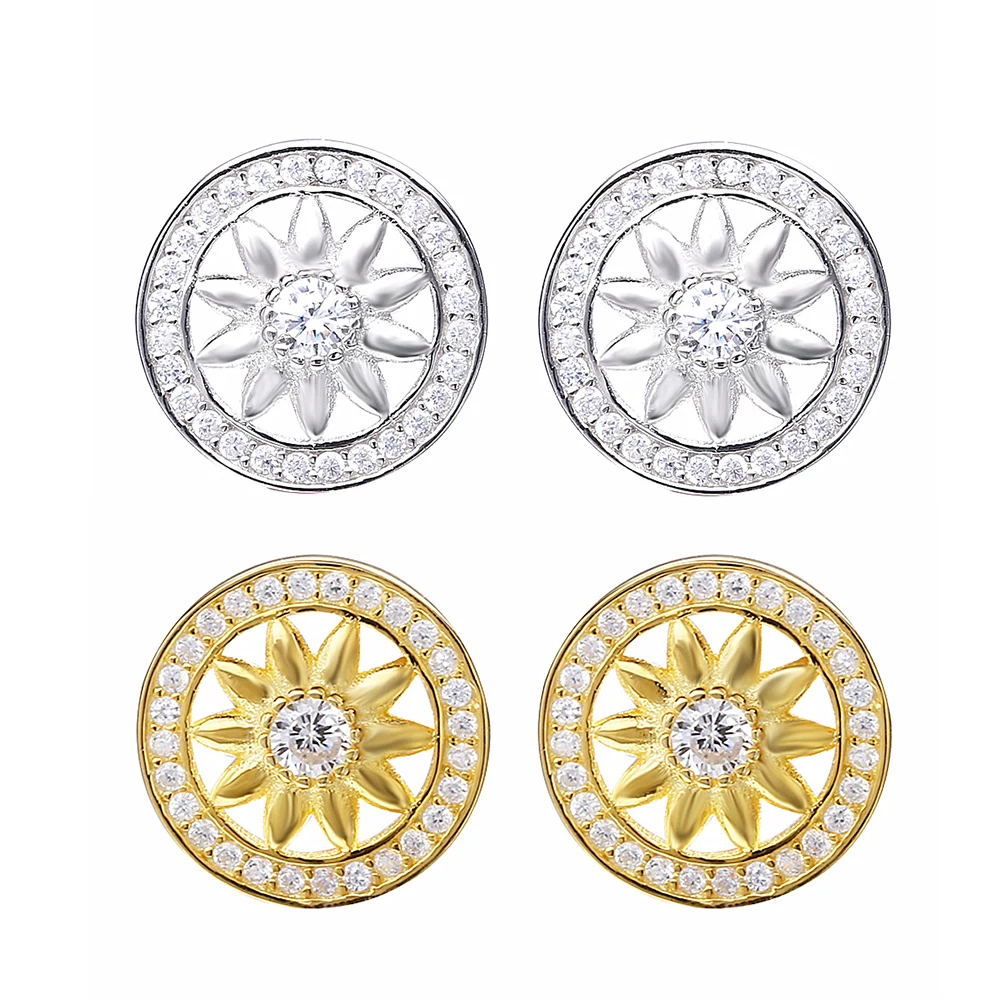 

SHADOWHUNTERS Hot Sale Real 925 Sterling Silver Shiny Circle Sun Flower Wedding Stud Earrings Pave Clear Zircon For Women Gifts