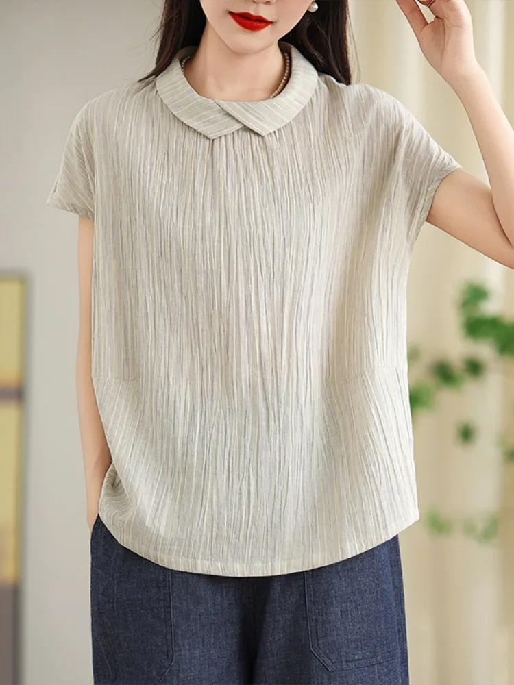 

Retro Cotton Linen Striped Turn-down Collar ort Sve irt Women Summer Loose Asymmetrical Casual Slimming Top