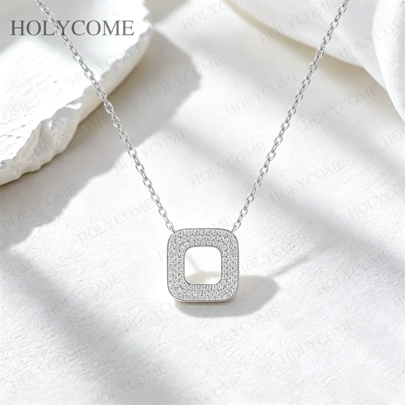 Moissanit-Anhänger-Halskette, Damenmode, minimalistisch, 925er Sterlingsilber, Diamant, geometrische Form, leichter Luxusschmuck – Detail 8