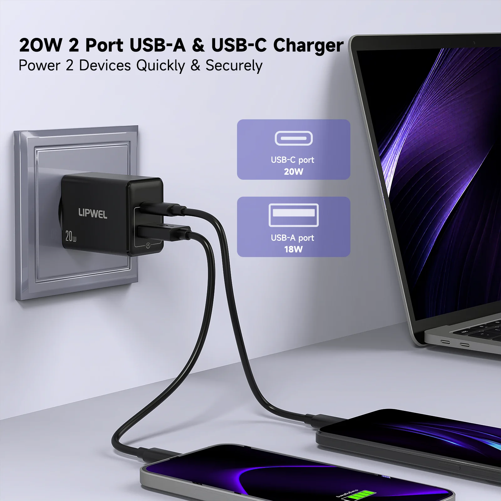 

20W Dual Port USB Charger Block, Safe Fast Charging Wall Adapter with USB C & A Ports Overheat Protection Compact Plug Daily Use