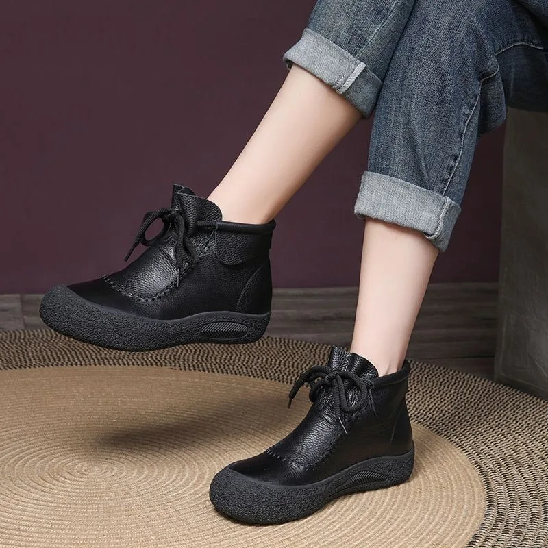 

Women's boots 2025 vintage handmade soft leather sewing autumn and winter fashion flat boots low heel round toe women's boots