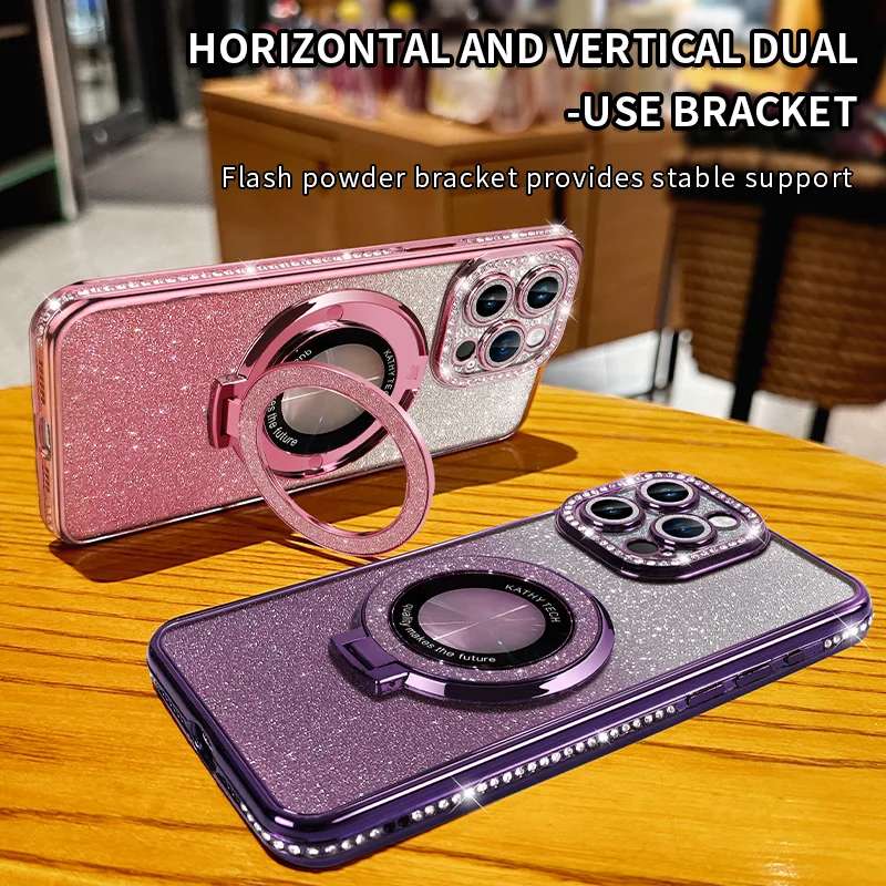 For iPhone 15 14 Plus 13 12 11 Pro Max Phone Case, Flash Powder Gradient Rhinestone Electroplating Bracket Cover