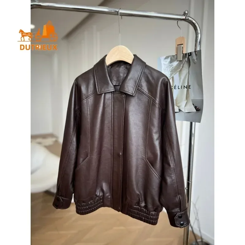 New Winter Women\'s Genuine Leather Jacket, Short Lapel Casual Vintage Sheepskin Coat Loose Genuine Leather Cowhide Travel Jacket