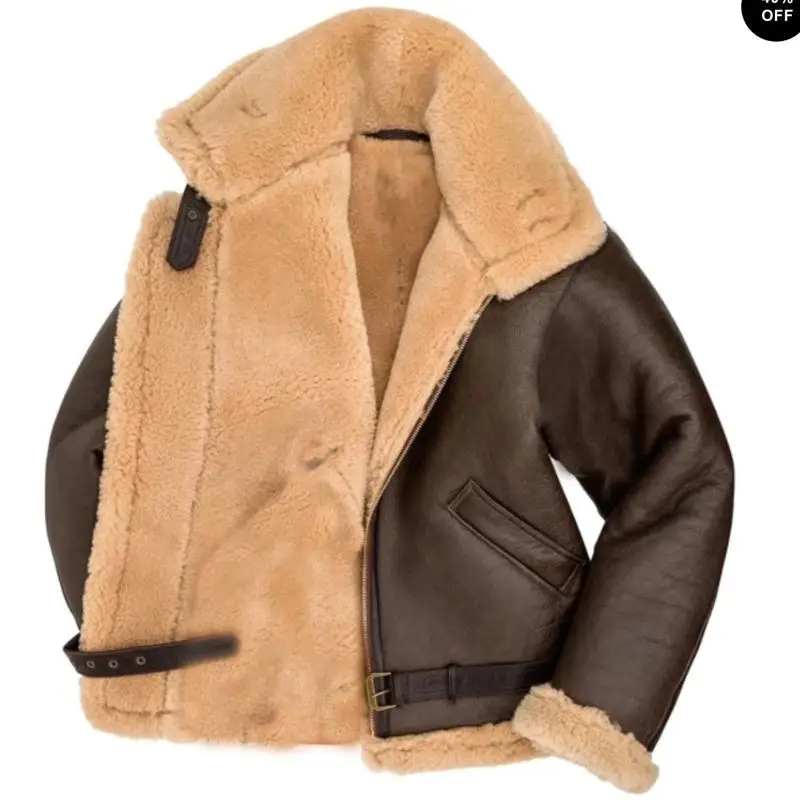 Men's Winter Jacket Thickened Leather Fur Integrated Coat Casual Short Style Zipper Closure Straight Cut Bellow Design