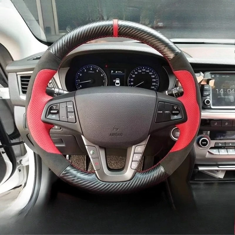For Hyundai MISTRA 2014-2019 hand-stitched carbon fiber genuine Leather Suede Car Steering Wheel Cover