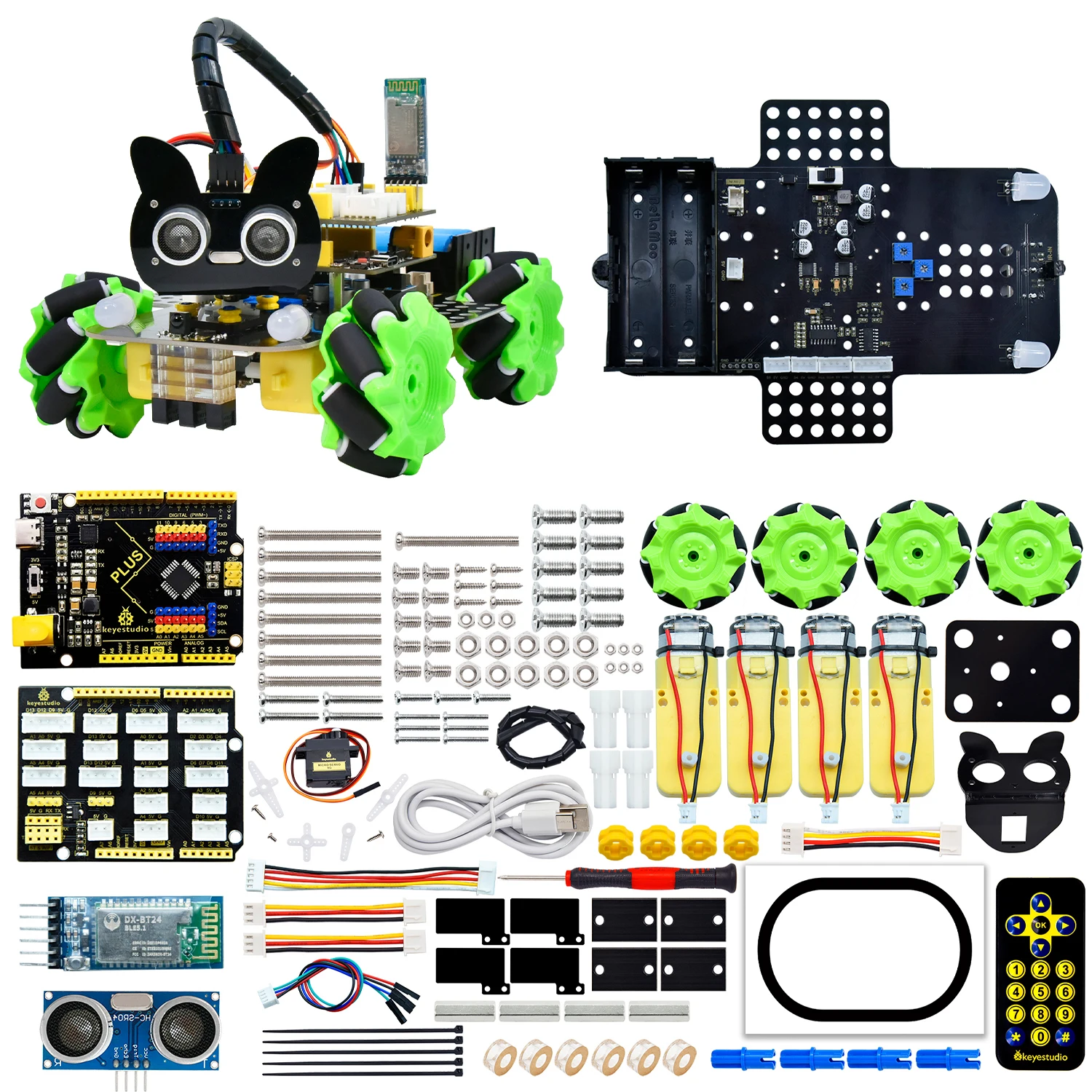 kit-robot-auto-con-ruote-mecanum-4wd-keyestudio-per-arduino-uno-veicolo-intelligente-omnidirezionale-con-controllo-app-bluetooth-e-ultrasuoni