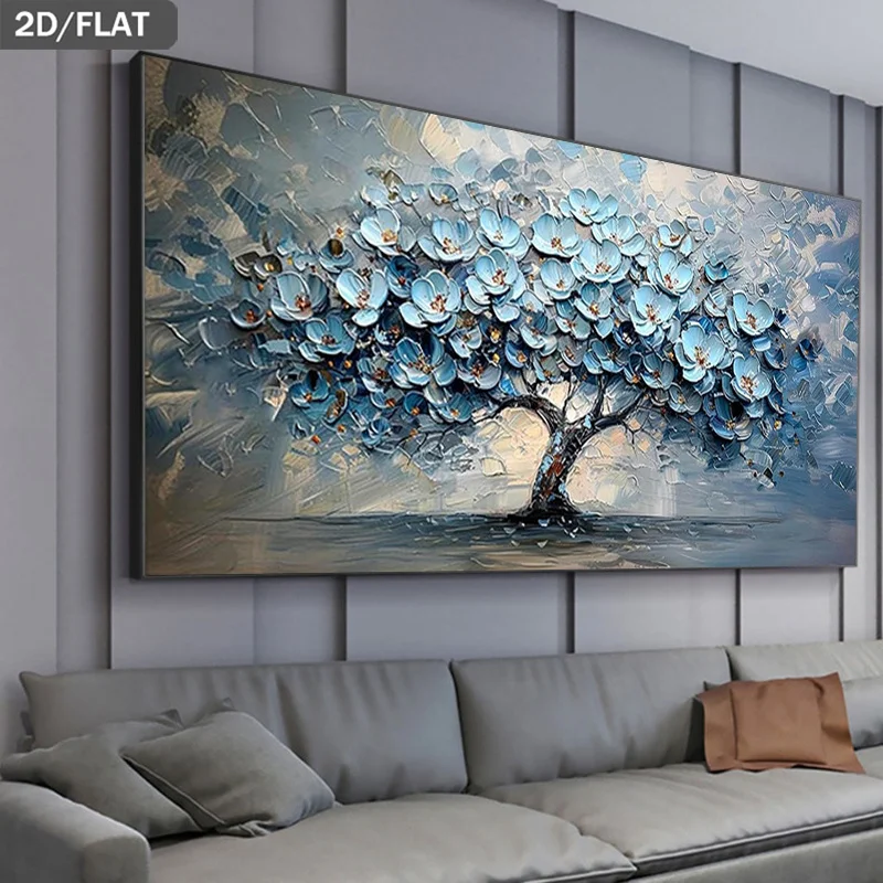 2D/Flat Frameless Abstract Blue Flowers Landscape Canvas Wall Art - Modern Elegant Prints for Living Room and Bedroom Wall Decor