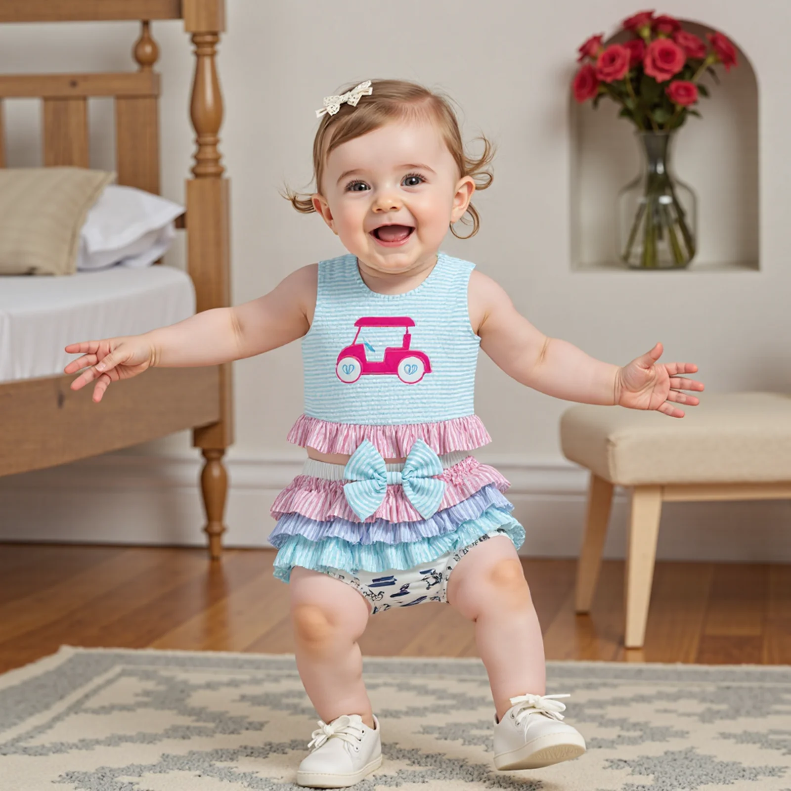 

Newborn Girl Clothes Summer Baby Golf Cart Embroidery Stripe Print Tank Tops Ruffled Shorts Set Infant Clothing