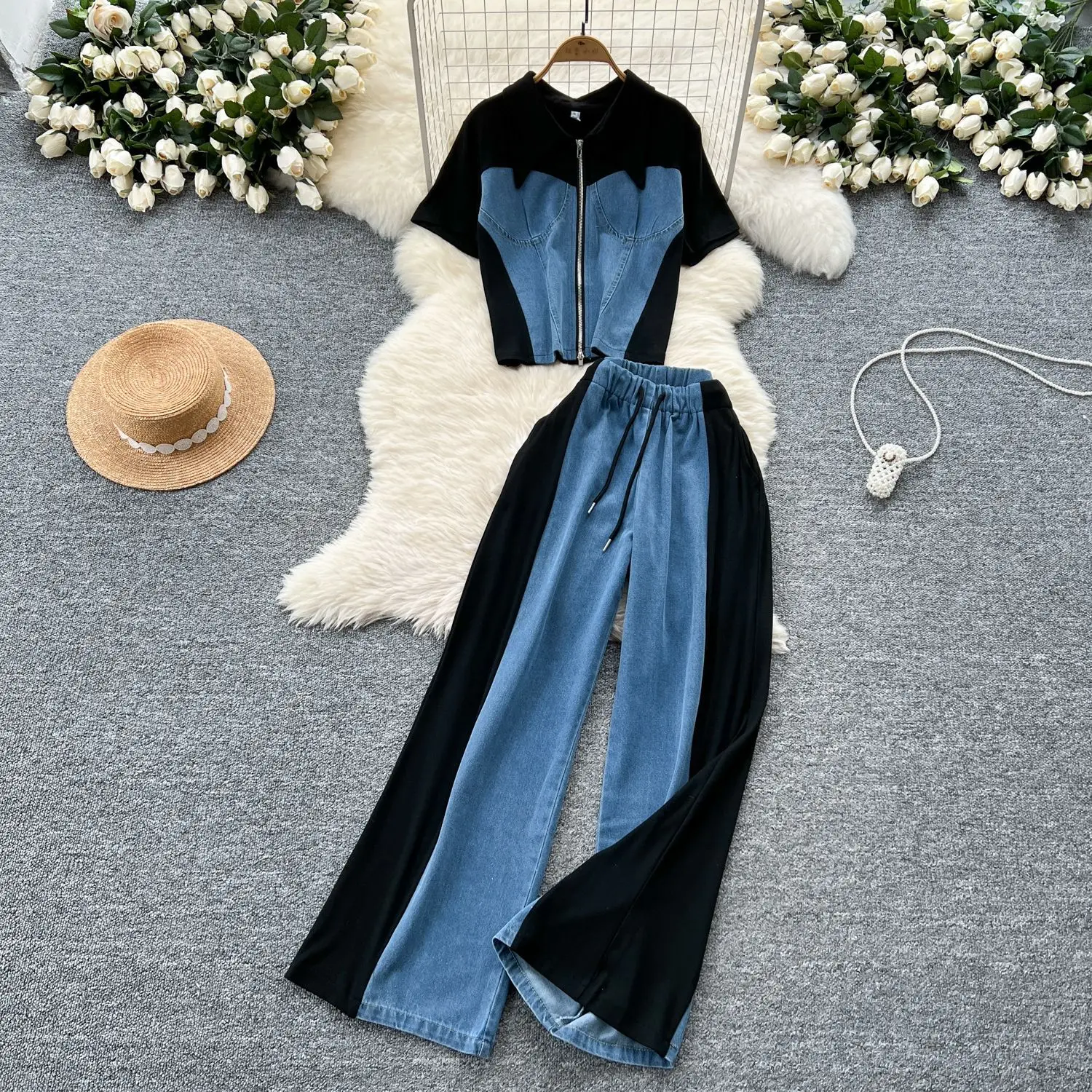 

Summer Casual Retro Denim Patchwork Two-piece, Women's Lapel Zipper Short-sleeved Top+Elastic Waist High-waisted Wide-leg Pants