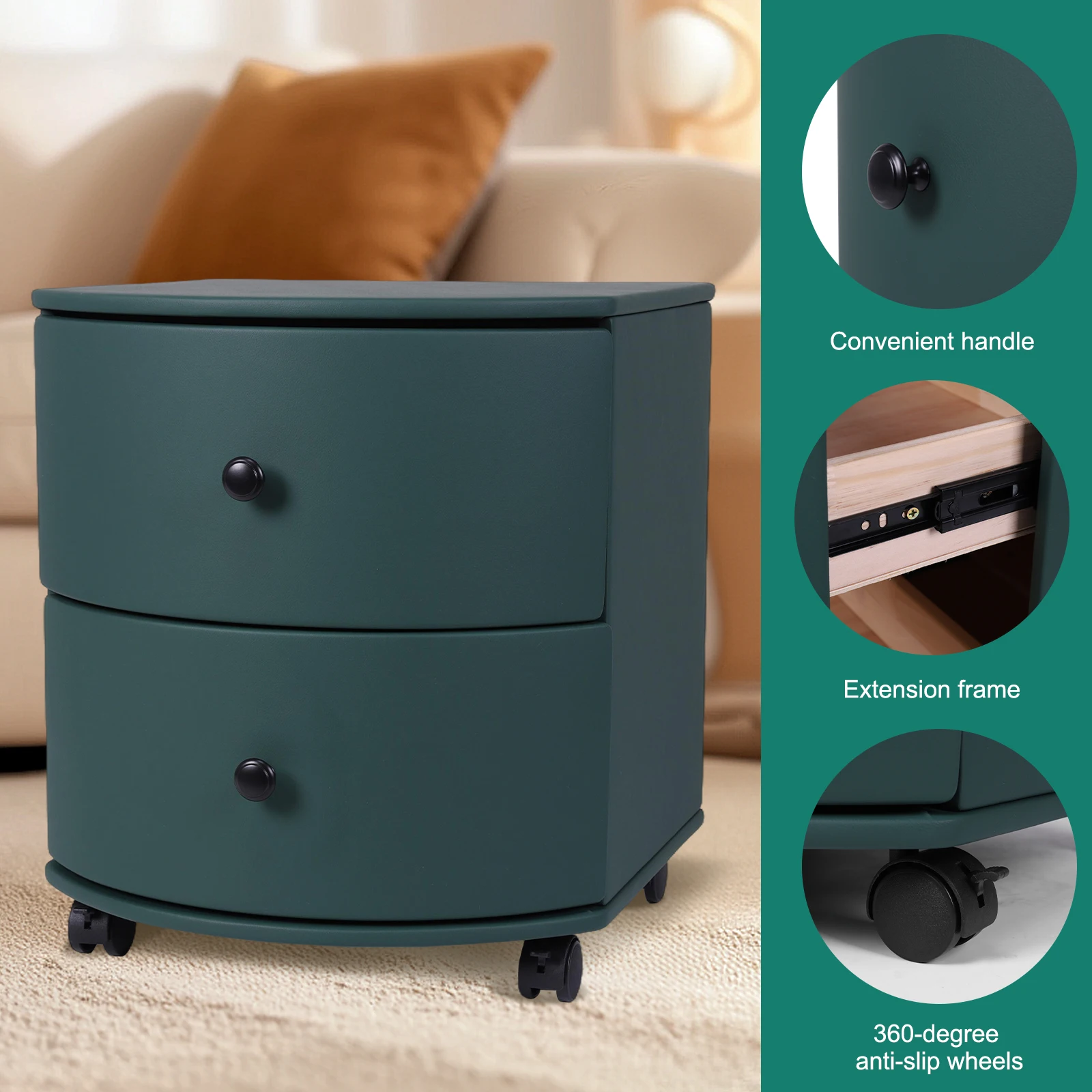 طاولة بجانب السرير من الخشب الصلب مع عجلات ودرج، خزانة منزلية متحركة، سعة كبيرة لغرفة المعيشة والشرفة #2